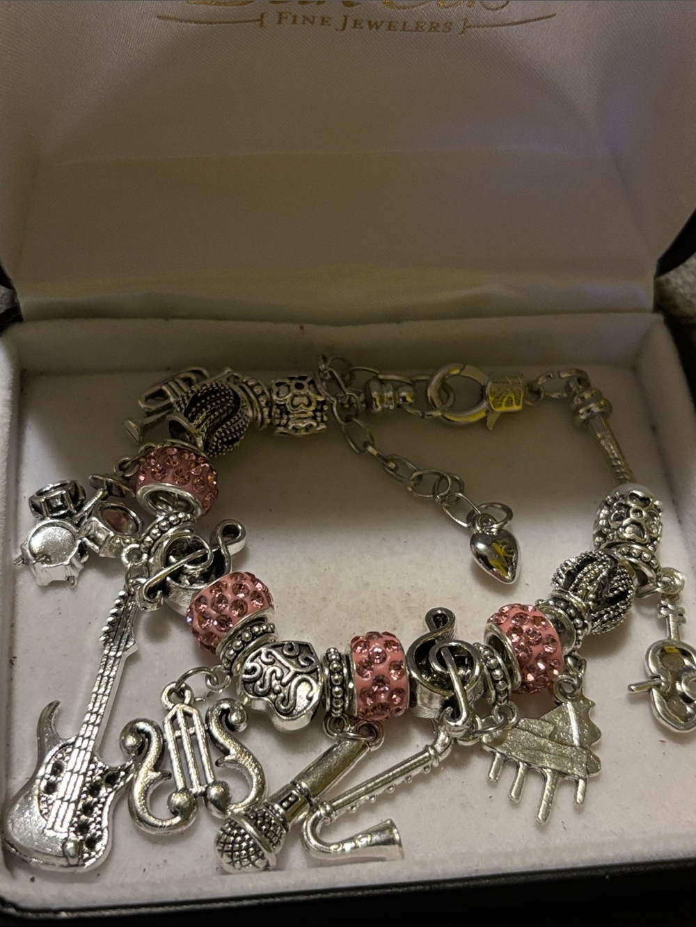 Sterling Tone Musical Charm Bracelet with Pink Crystal Beads